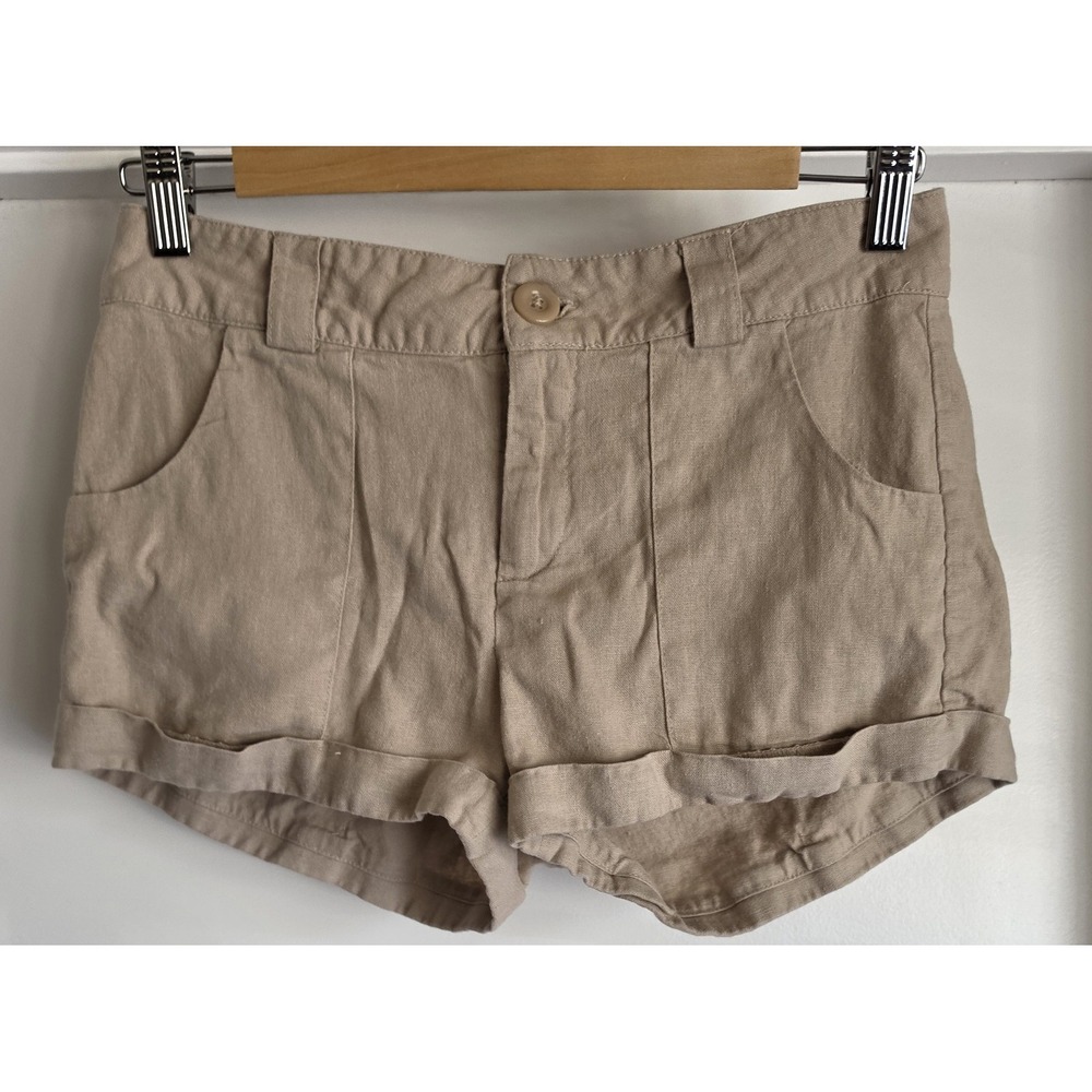 Vintage Rosio Women Linen Shorts Size S Beige Solid Casual Summer Breathable